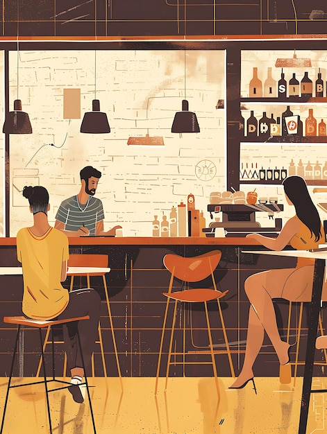 Foto escena ilustrada de personas intercambiando bitcoin en un café con un fondo de criptomoneda ilustrado