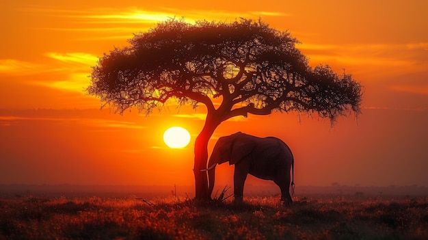 escena imaginativa elefante equilibrado en el árbol solitario pero majestuoso con vistas a las llanuras interminables hora de oro estado de ánimo reflectante iluminación cálida IA generativa