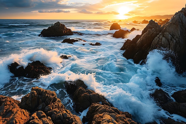 Una escena impresionante en la que las olas del océano se estrellan