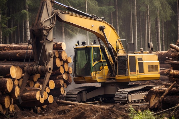 Escena de la industria maderera con maquinaria pesada cortando, cargando y transportando madera en un bosque