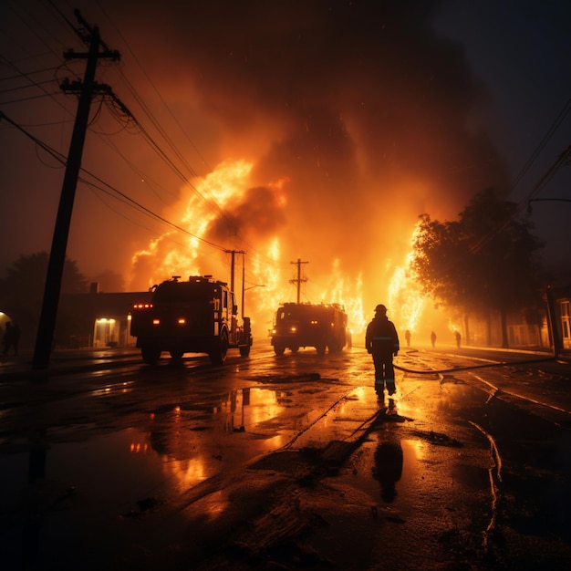 Escena industrial Los bomberos emplean niebla Twirl para controlar el incendio de petróleo y frenar un posible infierno para Socia