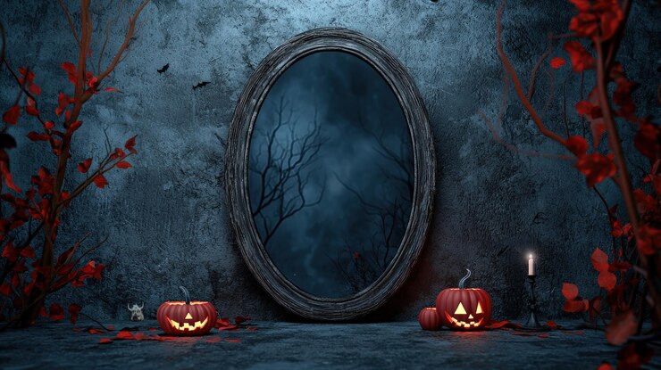 Escena inquietante de Halloween con un espejo de calabazas y hojas rojas espeluznantes