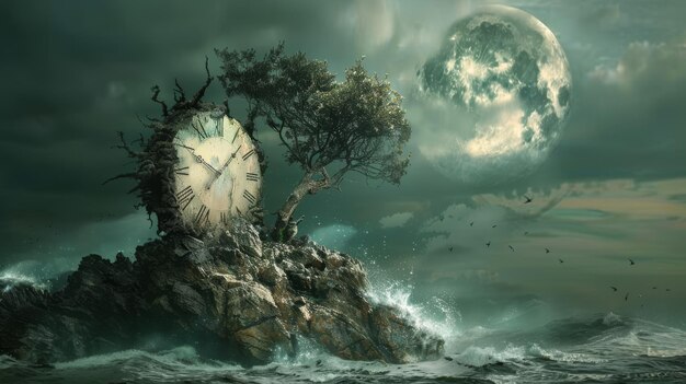 Escena inspirada en el surrealismo de un reloj derritiéndose sobre un árbol