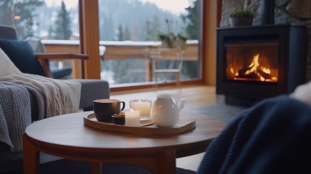 Escena interior acogedora con bebidas y una chimenea en un entorno de invierno