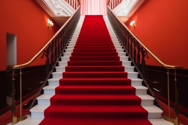 Escena interior de las escaleras del hotel cubiertas con ai generativo de alfombra roja