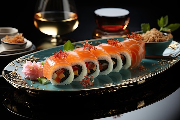 Escena íntima revela arte culinario sushi coloreado en platos artesanales generative IA