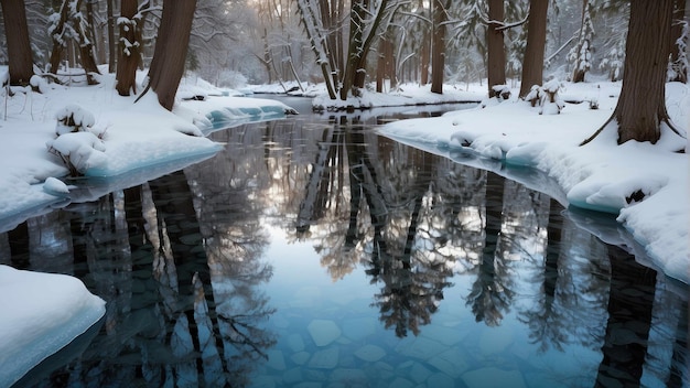 Escena invernal cubierta de nieve junto a un río tranquilo