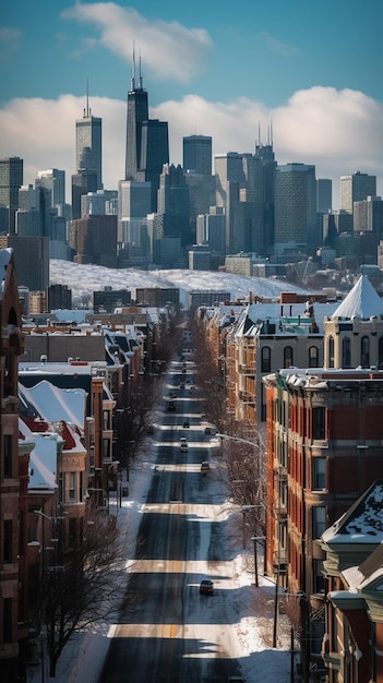Una escena invernal nevada con una ciudad al fondo