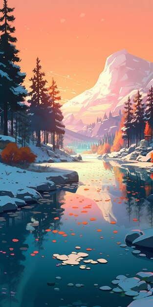 Una escena invernal con un río y montañas al fondo.