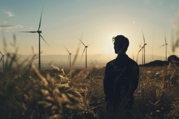 Una escena con inversores fuera de foco y un técnico en primer plano y una vista clara de turbinas eólicas en el fondo que destaca la energía alternativa en las empresas ESG