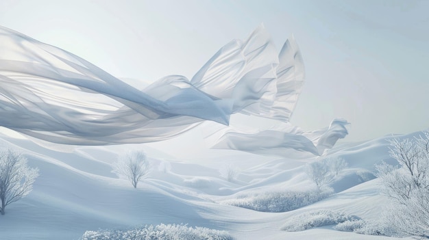 Una escena de invierno abstracta con tela volando en 3D