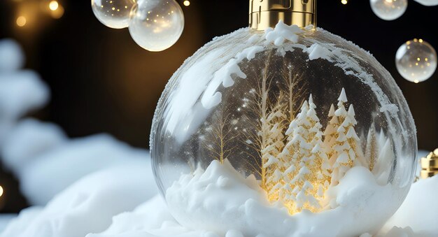 Escena de invierno de adornos navideños dorados y blancos