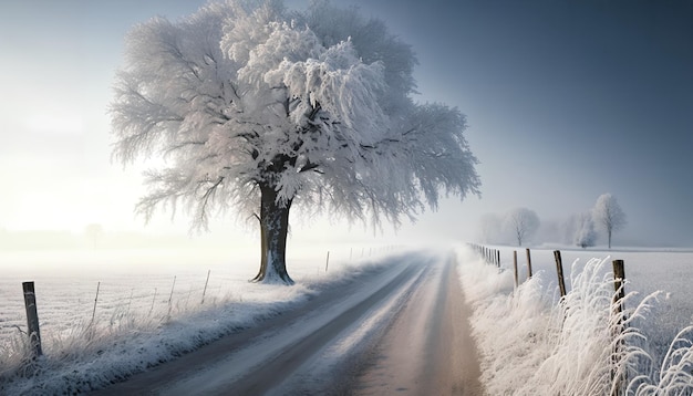 Una escena de invierno con un árbol en el camino.