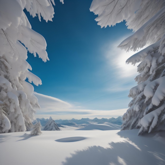 Una escena de invierno con árboles cubiertos de nieve y un cielo azul.