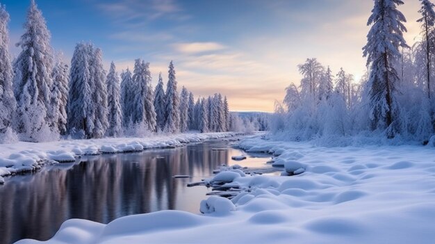 una escena de invierno con árboles cubiertos de nieve y un río en el fondo