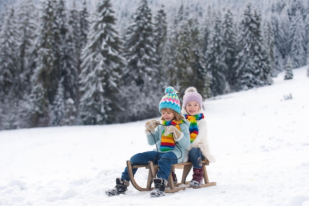 Escena de invierno con bosque nevado niño y niña en trineo en invierno niños hermanos montando en nieve sl