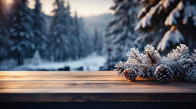 Escena de invierno con cálidas luces de velas en un árbol festivo de puente en el fondo y un primer plano de madera rústica en un sereno paisaje nevado