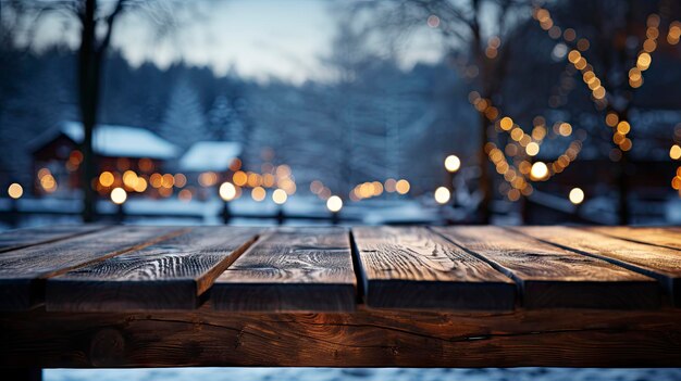 Escena de invierno con cálidas luces de velas en un árbol festivo de puente en el fondo y un primer plano de madera rústica en un sereno paisaje nevado