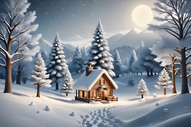Foto escena de invierno con casa de madera bosque de nieve de invierno y árboles de navidad papel tapiz 4k