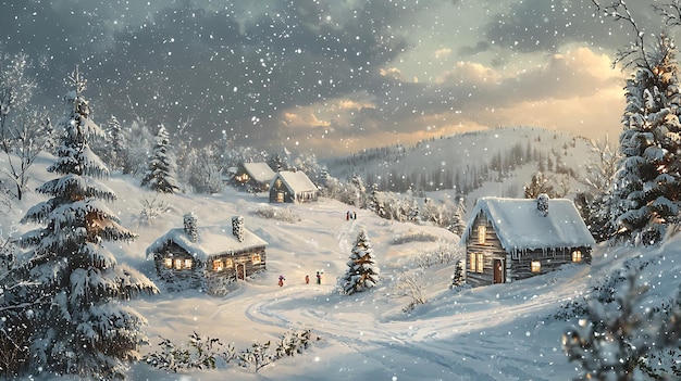 una escena de invierno con una casa y un paisaje nevado