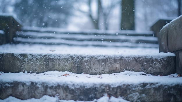 Escena de invierno con copos de nieve cayendo en las escaleras en el parque de la ciudad