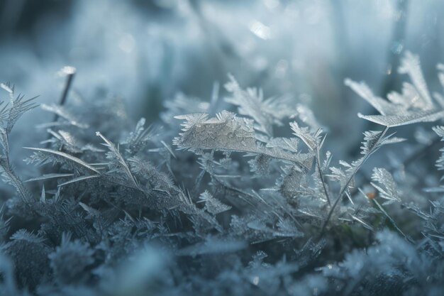 Escena de invierno con delicados copos de nieve y primer plano de escarcha