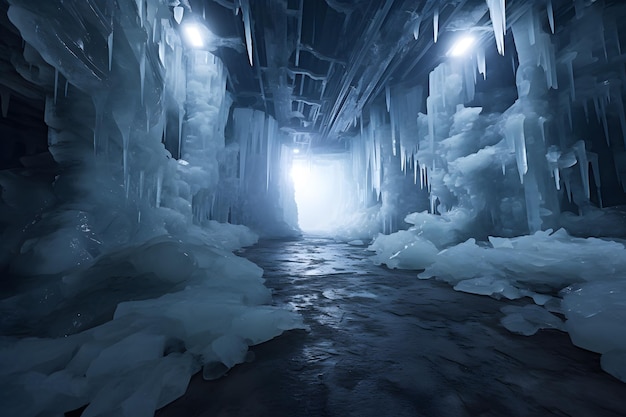 Escena de invierno de fantasía con cueva de hielo.
