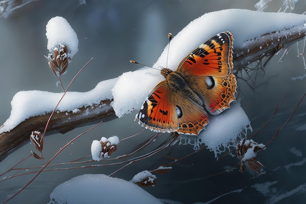 Escena de invierno con mariposa posada en una ramita cubierta de nieve