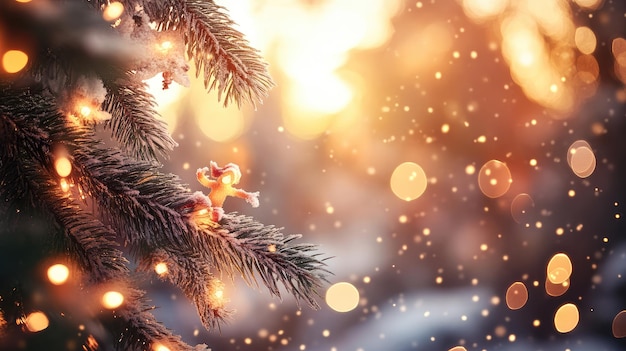 una escena de invierno nevada con una rama de árbol y luces en el fondo