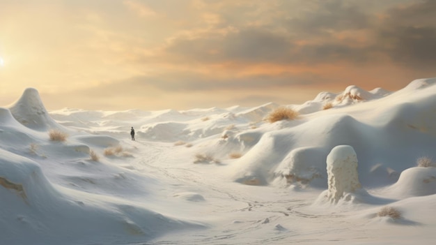 Una escena de invierno con un paisaje nevado y un hombre caminando a lo lejos.