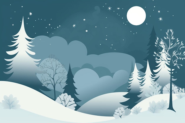 Una escena de invierno con un paisaje nevado y luna llena.