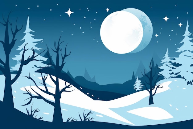 Una escena de invierno con un paisaje nevado y luna llena.
