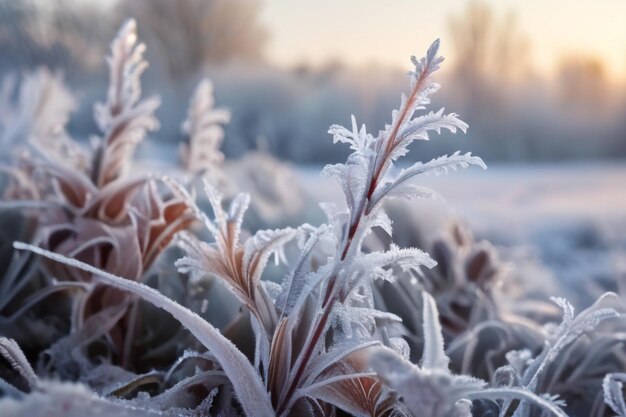 escena de invierno con plantas cubiertas de helada en un fondo natural borroso