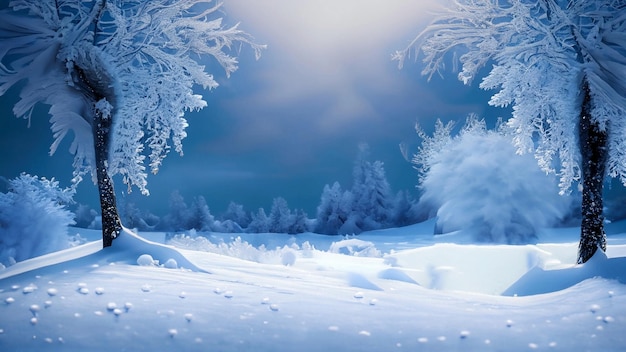 Una escena de invierno que muestra árboles caducifolios altos cubiertos de nieve en una imagen monocromática
