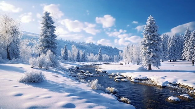 Escena de invierno con un río y árboles cubiertos de nieve.