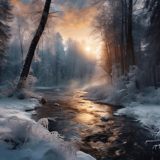 una escena de invierno con un río y árboles cubiertos de nieve