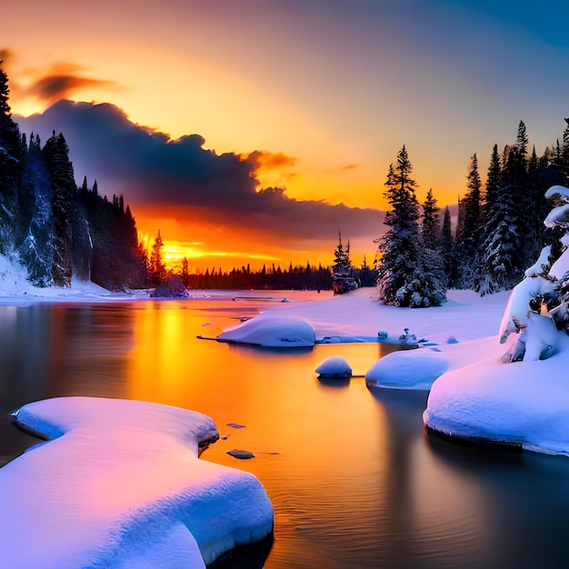 Una escena de invierno con un río cubierto de nieve y una puesta de sol con un cielo colorido.