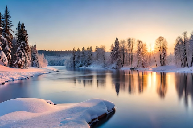 Una escena de invierno con un río y un paisaje nevado.