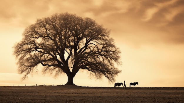 Escena de invierno en tonos sepia con concepto de silueta de roble y caballos