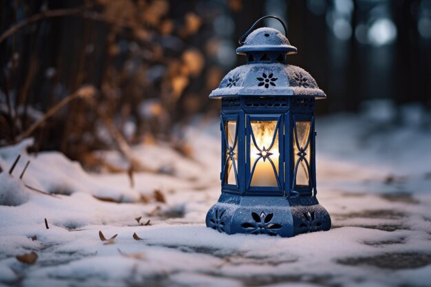 Escena de invierno con una vela en la nieve