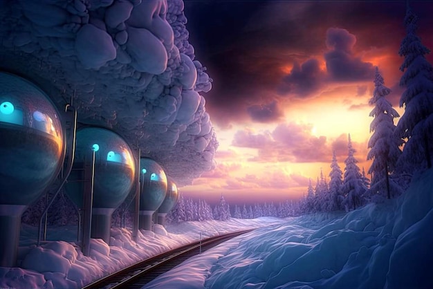 Una escena de invierno con una vía de tren y árboles cubiertos de nieve.