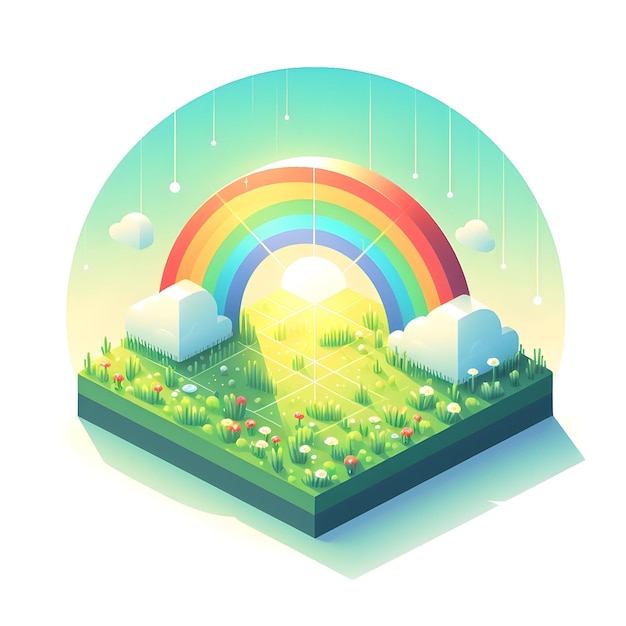 Foto escena isométrica arcoíris matinal sobre prados icono plano que representa la esperanza y la frescura con la madrugada