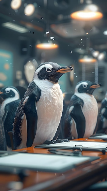Escena isométrica con pingüinos discutiendo la planificación corporativa y los servicios de toma de decisiones A Un