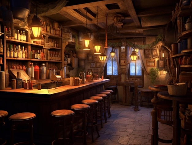 Una escena del juego, el bar está iluminado con un letrero que dice "piratas".