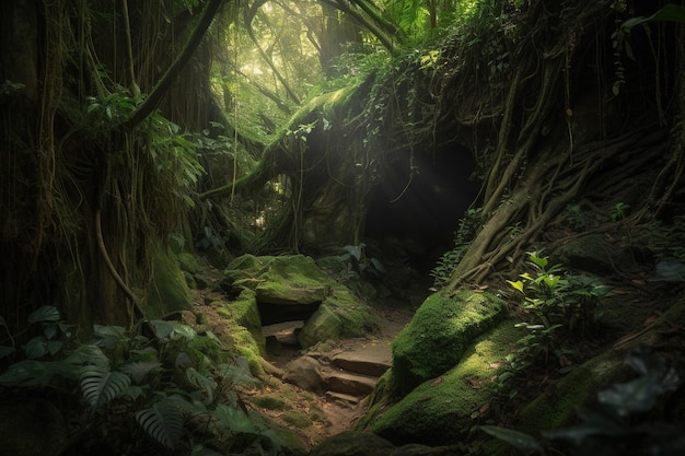 Una escena de la jungla con una escena de la jungla y escaleras que conducen a la cima.