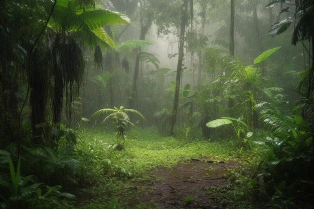 Una escena de la jungla con una escena de la jungla de fondo