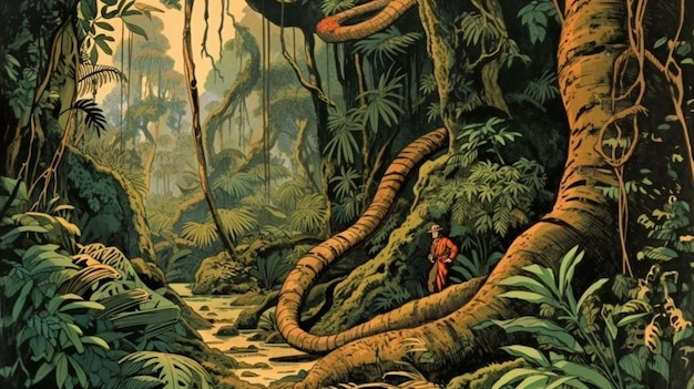 Foto una escena de la jungla con un hombre con un traje rojo caminando por la jungla.