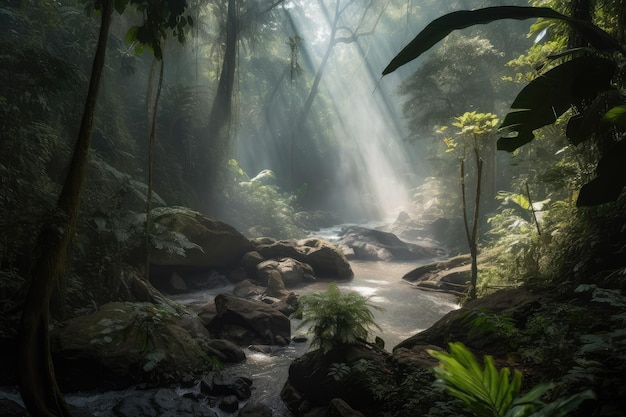 Escena de la jungla humeante con cascada rodeada de vegetación