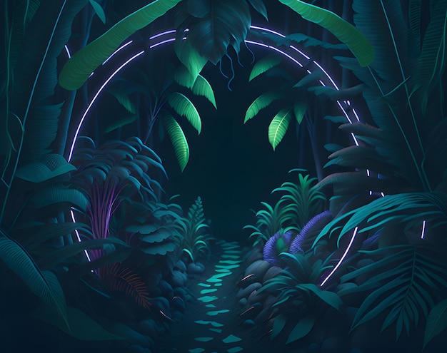 Una escena de la jungla de neón con un camino de la jungla y un camino de la jungla.