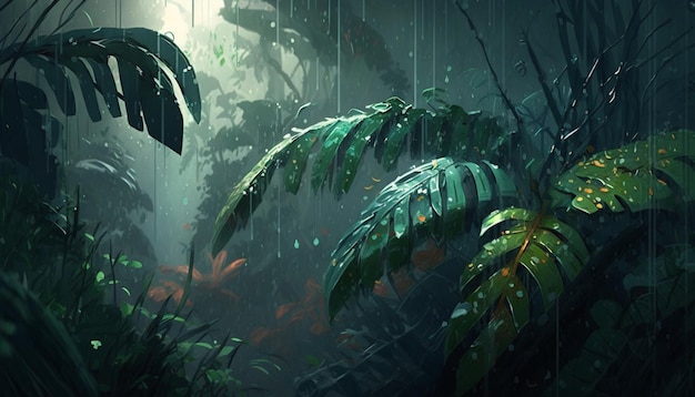 Una escena de la jungla con una selva tropical y una escena de la jungla